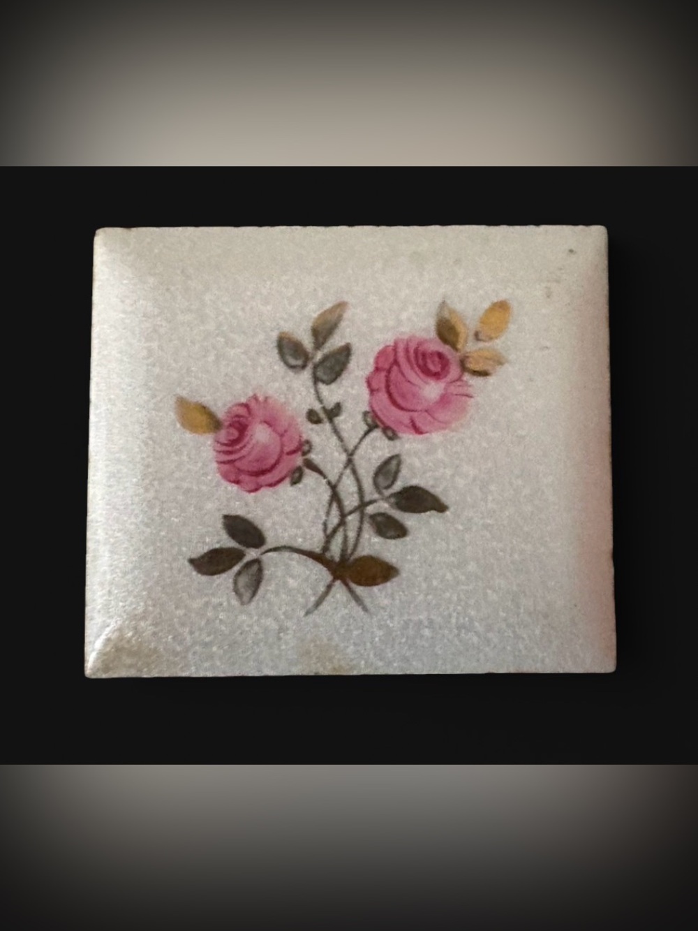 Vintage Guilloche Enamel Powder Compact Lid Tile Pink Roses 1940s Mid Century